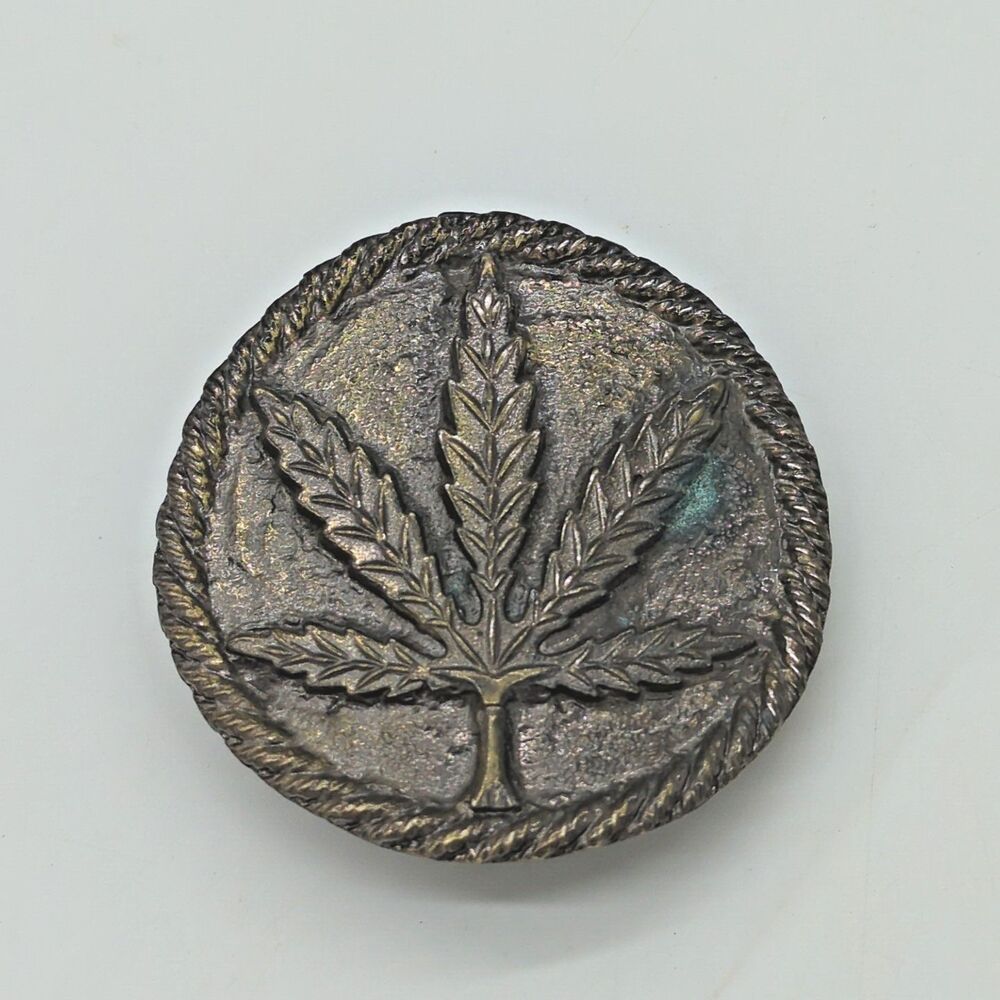 1970s Solid Brass Hemp Leaf Marijuana Round Belt Buckle Vintage Hippy